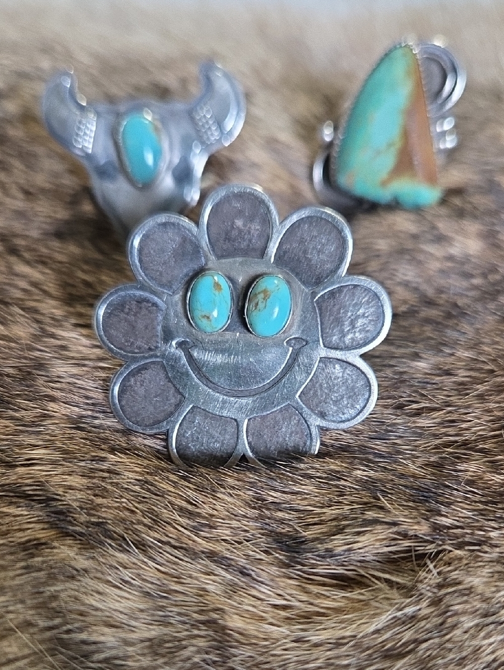 Turquoise Smiley Flower Statement Ring - Sterling Silver